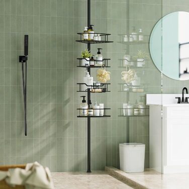 Кутова душова кабіна USHOWER з полицями для шампуню, 4-ярусна, з регульованою по ширині стійкою, з нержавіючої сталі, 130-307 см, чорна