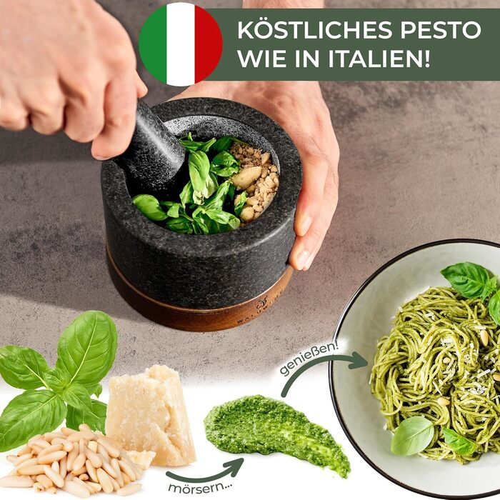 Набір для стукання WALDWERK: ступка та пестик з граніту на дерев'яній основі з дуба