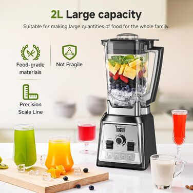 AMZCHEF 2000W Stand Mixer - 2L High-Power Blender with 8 Speeds & 4 Pre-Programs (Crushed Ice, Smoothies, Meat Mixing) - BPA-Free Black