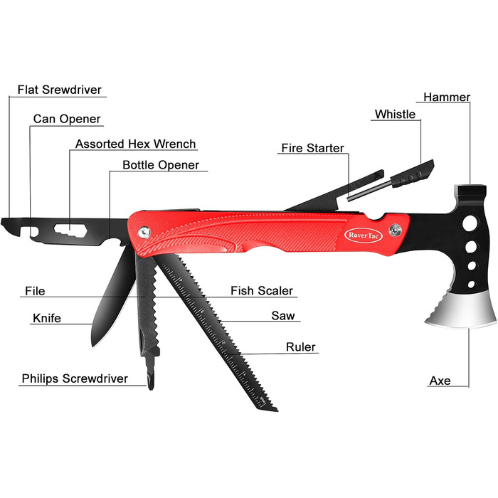 Camping Gear Multitool Axe Gifts: Multifunction Tool Axe Gifts for Men Dad Him, 14-in-1 Axe Hammer Knife Saw Bottle Opener Fire Starter Whistle for Camping Survival Hiking