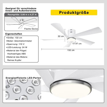 Deckenventilлятор Ohniyou 132 см (52 дюйми) з освітленням, пультом ДУ та керуванням через додаток, регульована яскравість, тихий DC-двигун, для спальні, вітальні, тераси (білий)