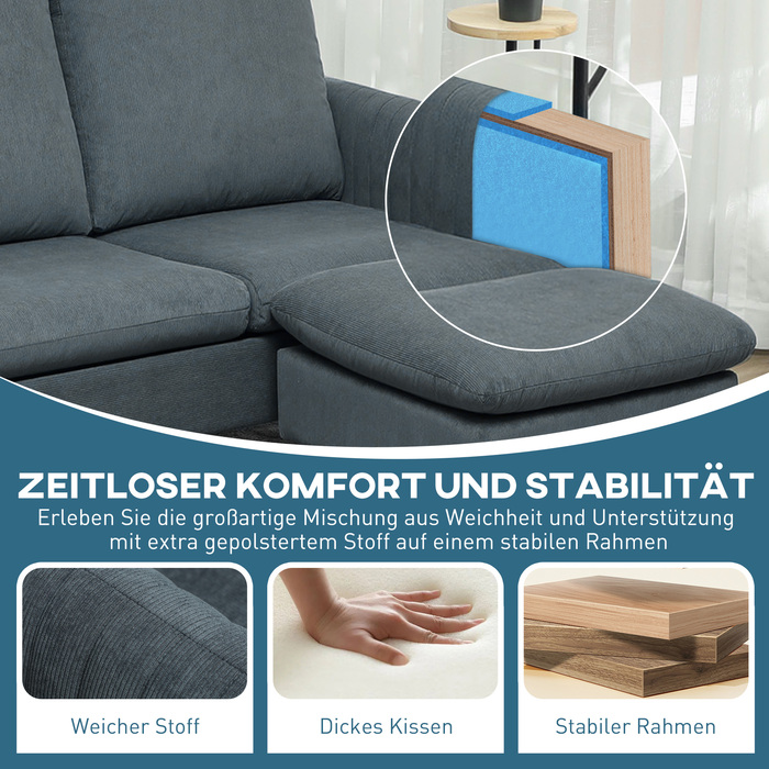 HOMCOM Corner Sofa Bed with Ottoman, 3 Throw Pillows, L-Shaped Corner Sofa for Living Room, Bedroom 196 x 140 x 88 cm Grey | Aosom