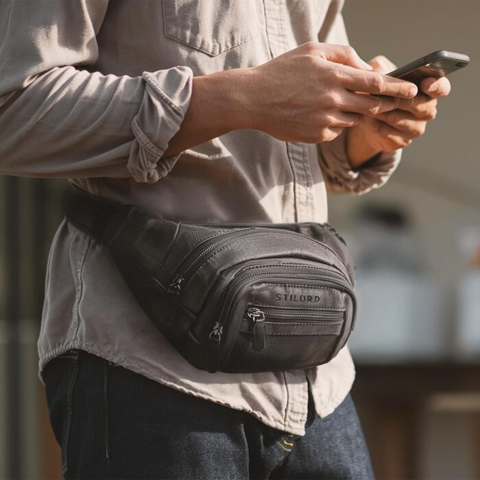 STILORD 'Dublin' Чоловіча поясна сумка з екошкіри великого розміру з багатьма відділеннями, водовідштовхуюча, захист від крадіжки. Чоловіча сумка на пояс XXL з екошкіри для подорожей, фестивалів, піших прогулянок, чорного кольору.