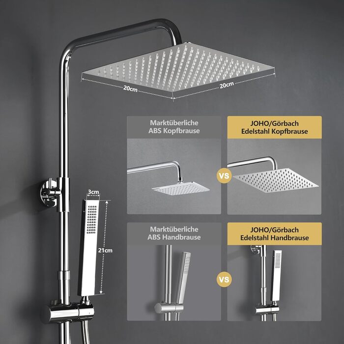 Görbach Rain Shower System with Shelf, Shower Set without Shower Faucet (20x20cm) (SJ-TP2020CP, Chrome)