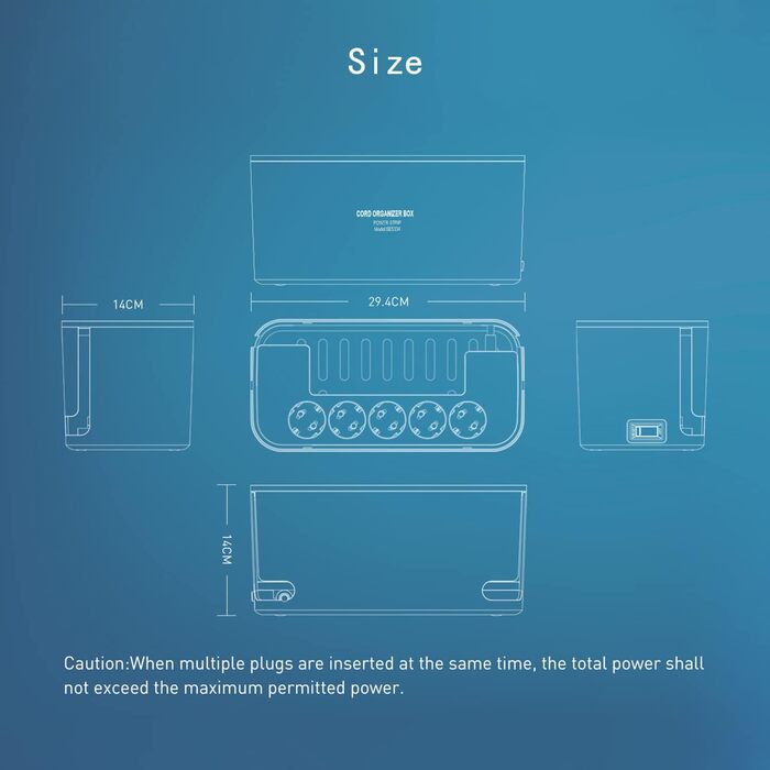 Клема з кабельною коробкою білого кольору, мережевий фільтр із 5 розетками та 3 USB-портами, органайзер для столу, коробка для кабелів з адаптером розеток, 29.5 * 14 * 14 см, кабель 2 м білий