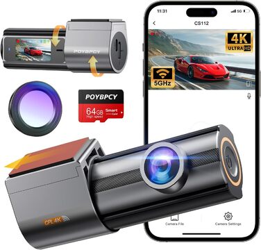 Відеореєстратор Auto Dashcam 4K WiFi 360° з CPL, 64GB SD, IPS Mini камера з Super Night Vision, WDR, 170° та G-Sensor