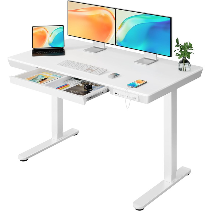 Електричний стіл ErGear 120x60 см з регулюванням висоти, шухлядою і цільною білою дерев'яною стільницею для дому та офісу