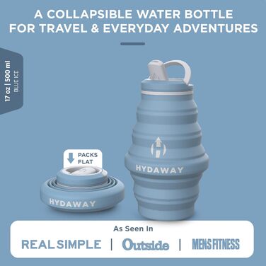 HYDAWAY | Collapsible Water Bottle with Spout Lid | Ultra-Packable and Travel-Friendly | Made of Food-Grade Silicone | 500 ml (Blue Ice)