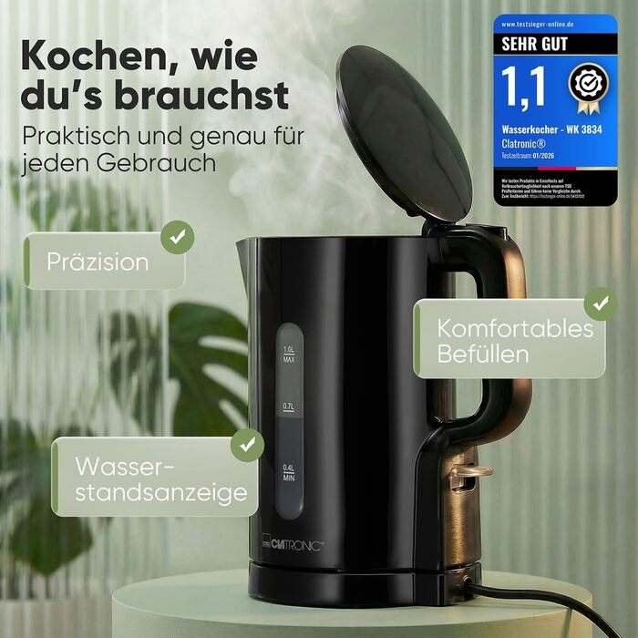 Електричний чайник Clatronic WK 3834 чорний, 1 л, 900 Вт, BPA Free, з індикатором рівня води та захистом від перегріву