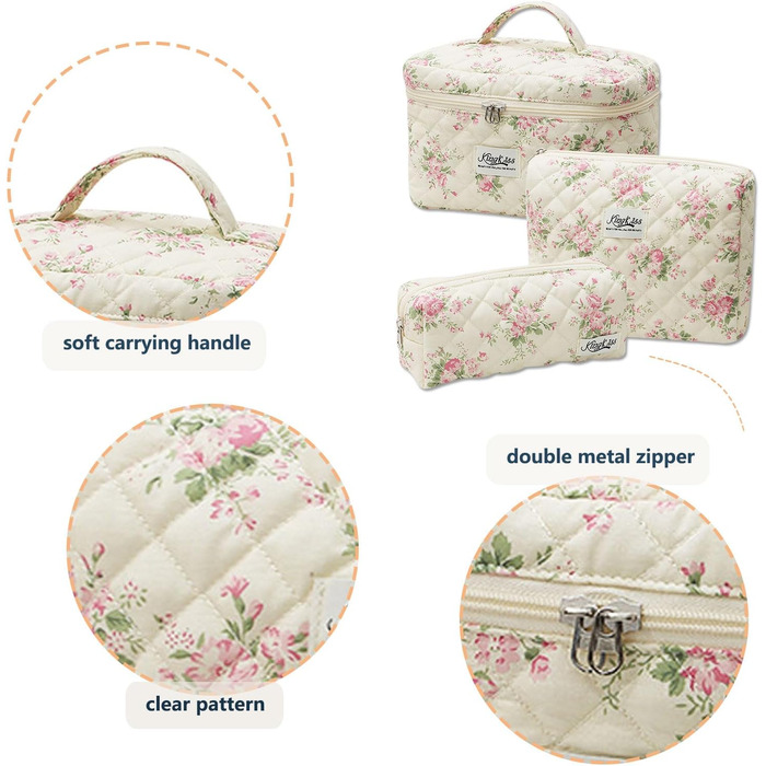 Косметичка для жінок, набір 3 шт. велика бавовняна косметичка для подорожей, органайзер для макіяжу, косметична сумочка з квітковим візерунком (рожева маленька квітка)