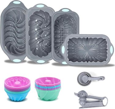 Tongude 45-Piece Silicone Baking Mold Set, 6-Cup Silicone Baking Mold for Baking Bread, Muffin Tins, Non-Stick Kitchen Oven Baking Molds, with Measuring Cups and Spoon Set, gray