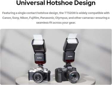Спалах для камери Godox TT520III, швидка зарядка 1.8с, 400x потужність, сумісний з Canon, Nikon, Panasonic, Olympus, Pentax (без TTL)