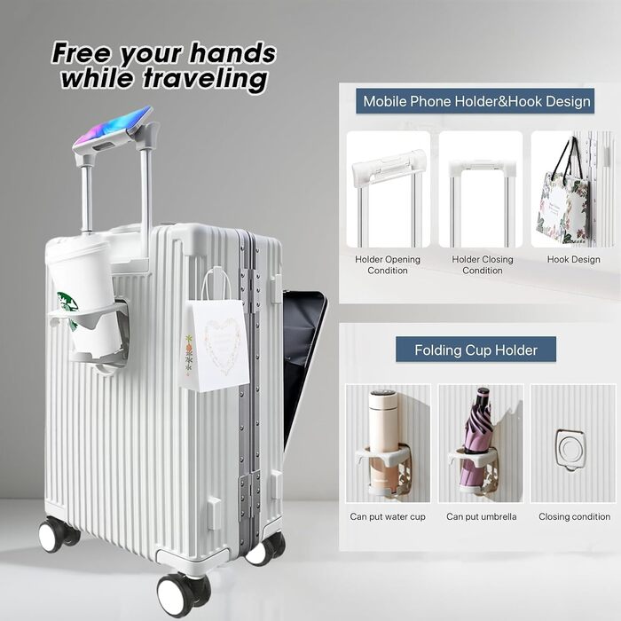 Чемодан ручної поклажі 56 см, 20 дюймів, з алюмінієвим каркасом, PC корпус, 4 колеса, TSA замок, USB-порт, тримач для напоїв, білий