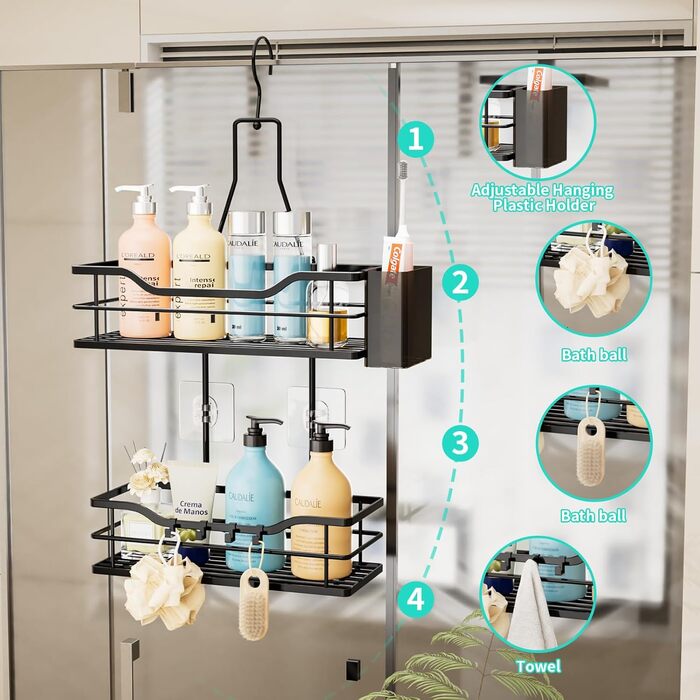 HapiRm Shower Shelf - Hanging Shower Rack 360° Adjustable Hook for Bathroom with 4 Hooks, Hanging Shower Caddy for Shampoo, Conditioner, and Bathroom Storage