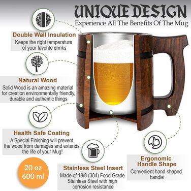 Дерев'яний кубок Wikinger 0.6 л з дуба, коричневий - середньовічний кубок для пива, кружка, глечик з гравіюванням молота Тора, рунами. Ідеальний подарунок для любителів пива, дерев'яний кубок, Валентин, подарунок для чоловіків, ретро, коричневий