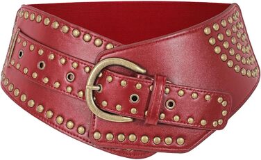 Жіночий вінтажний широкий еластичний пояс JASGOOD з пряжками, стрейч-пояс для карнавалу та косплею, 95 см (для розміру талії 93-104 см) (Бордовий, 65 см: для розміру талії 58-68 см)