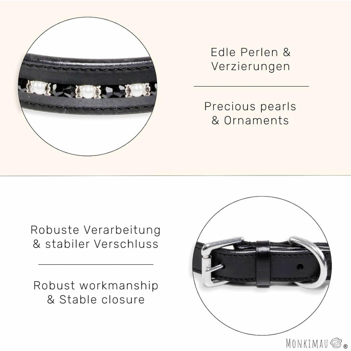 Нашийник для собак Monkimau з натуральної шкіри, чорний, з кристалами, регульований (S: 20 мм x 45 см)