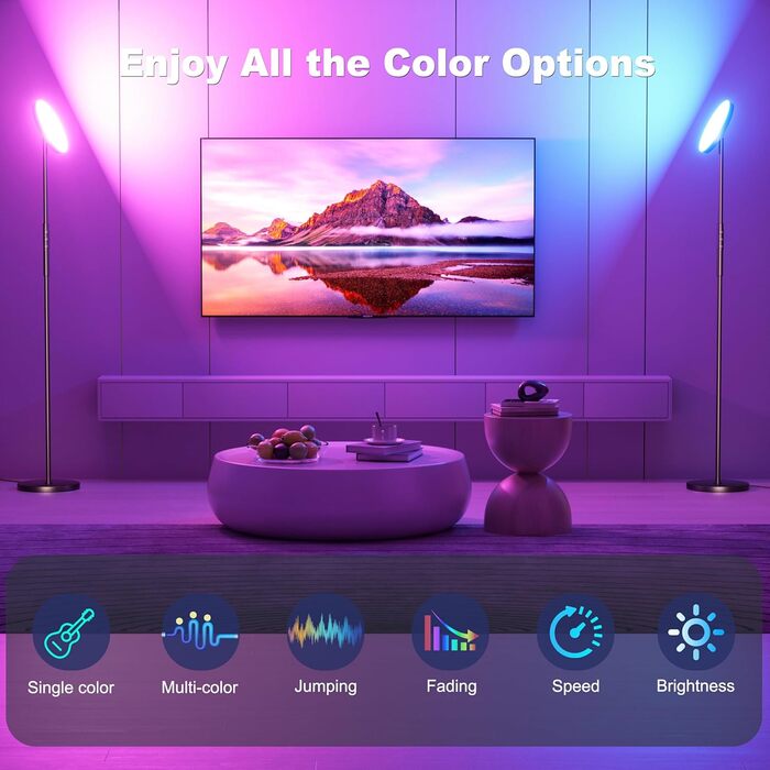 LED торшер, 42W, 16 мільйонів кольорів RGBCW, WiFi, керування через Alexa/Google Home, синхронізація з музикою, регульована яскравість, двосторонній, для вітальні та спальні (RGB-36W)