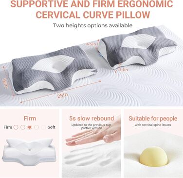 Ортопедична подушка Elviros Memory Foam, ергономічна подушка для шиї, 64x(11,5/13)x40 см (сіра)