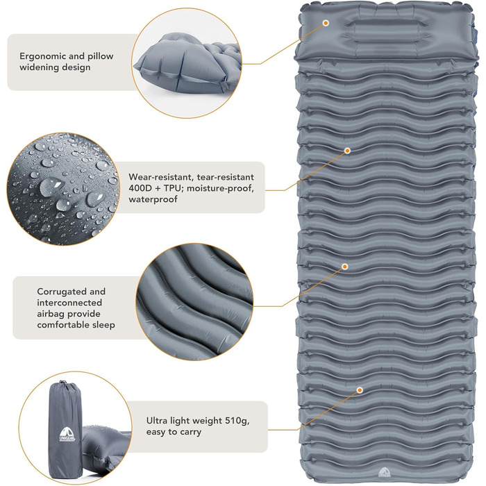 Unigear Camping Sleeping Pad - Small Packed Size, Inflatable Air Mattress for Camping, Sleeping Mat for Outdoor Use, Ultralight, Moisture-Resistant, Waterproof and Non-Slip, MULTI-FUNCTION (Gray with Pillow)