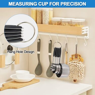 14-Piece Measuring Cup and Magnetic Measuring Spoon Set, Stainless Steel, 5 Measuring Cups with Silicone Handles, 8 Double-Sided Magnetic Measuring Spoons, and 1 Leveler (no duplicate specifications), Black
