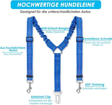 Ремінь безпеки для собак SlowTon в авто, 2-в-1, блакитний. Регульований, безпечний, для подорожей та прогулянок