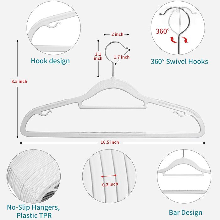 100 штук вішалок для одягу, неслизький пластик, обертовий гачок 360°, товщина 0,5 см, довжина 42 см, для пальто, суконь, сорочок, APY03G (білий + срібло)