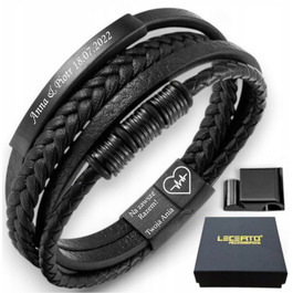 Чоловічий шкіряний браслет Lecerto, чорний, регульований (22 см) з гравіюванням