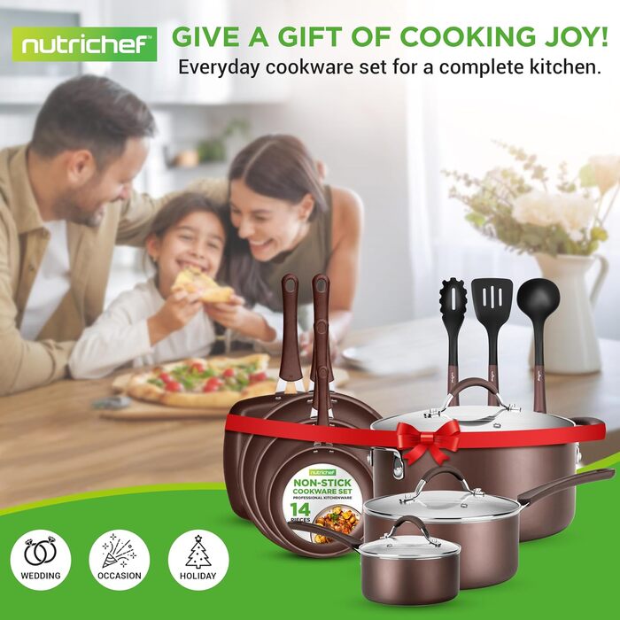 Nutrichef Frying Pans & Induction Cookware Set, 14-Piece Frying Pan Set & Pot Set Induction, Pots & Pans with Cool-Touch Handles PFOA/PFOS-free – Non-Stick – Aluminum with Stainless Steel Edges – Oven-Safe Brown