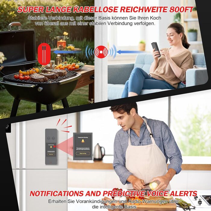 Бездротовий термометр для м'яса з 2 зондами, великий сенсорний екран, IP67 вологостійкий. Підходить для гриля, барбекю, коптильні. Чудовий подарунок на Різдво