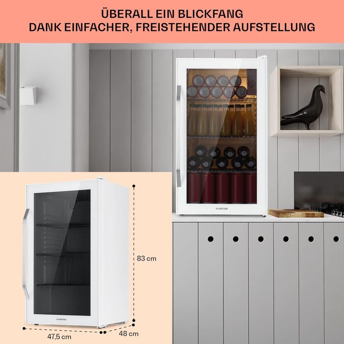 Klarstein Mini Fridge with Glass Door - 80L Compact Beverage Cooler with Adjustable Shelves & Wave Design Racks