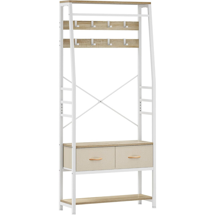 YITAHOME Entryway Bench with Shoe Cabinet, Freestanding Coat Rack with Bench and 2 Folding Drawers, Industrial Coat Rack with 8 Hooks for Entryway, Living Room, Bedroom, Metal Frame, Rustic Brown (Beige)
