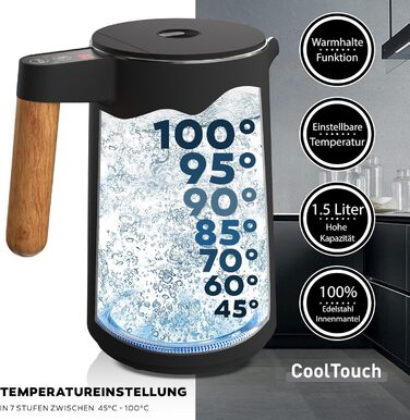 BALTER Stainless Steel Kettle with Temperature Setting, 45°C-100°C, Double-Walled, BPA Free, Quiet & Cordless, Keep Warm Function, Tea Kettle with Temperature Display, 1.5L, 2200W, Black (Blue Gray)