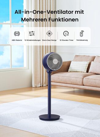 Вентилятор AIRMATE 25dB з підставкою, тихий, висока потужність 26 м, 1600 м³/год, регульована висота, з пультом керування, 3 режими/12 швидкостей/12 таймер