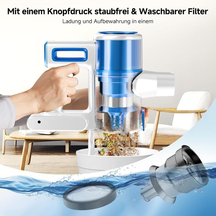 Бездротовий акумуляторний пилосос 35KPA/45Mins з LED-підсвічуванням, HEPA-фільтром та потужною насадкою для твердих підлог, килимів та шерсті тварин (Блакитний)