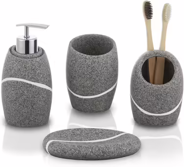 ZCCZ Bathroom Set – 4-Piece Organizer Set with Toothbrush Holder, Soap Dispenser, Cosmetic Tray, and Cotton Swab Holder – Elegant Stone-Look Decoration for Modern Bathrooms (Gray)