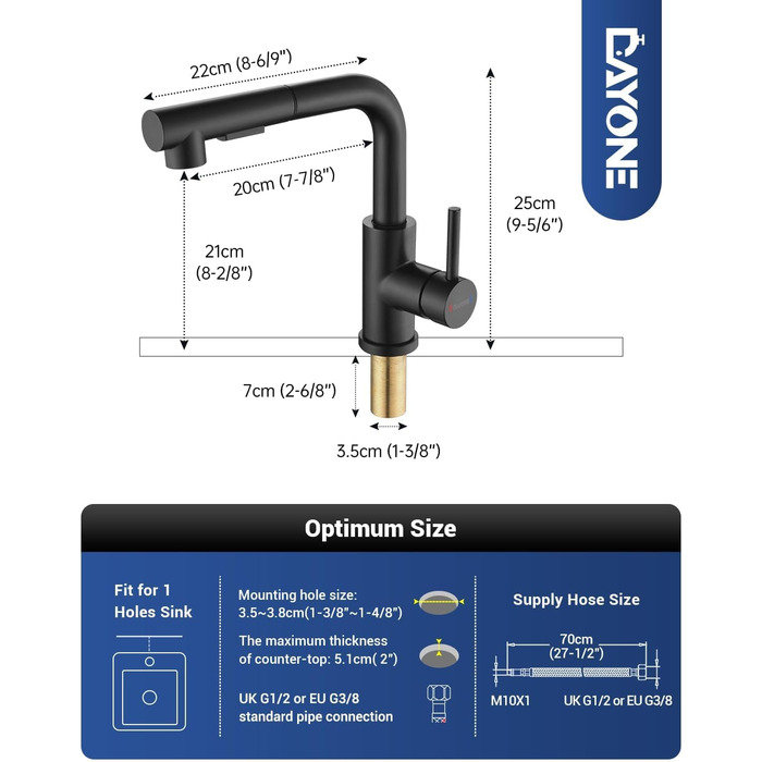Чорна кухонна змішувач DAYONE з висувною лійкою, 360° обертання, модель G6808mb