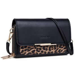 Сумка Roulens Klein через плече для жінок, екошкіра, чорно-леопардовий принт. Невелика крос-боді сумка для телефону, документів та карт. Регульований ремінець.