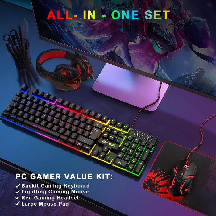 Ігровий набір клавіатури та миші з навушниками, QWERTZ DE розкладка, RGB підсвітка клавіатури, ігрова миша з LED підсвіткою (4 кольори), навушники Over-Ear, велика ігрова килимок, USB провідне підключення для PC, Mac, PS5, Xbox