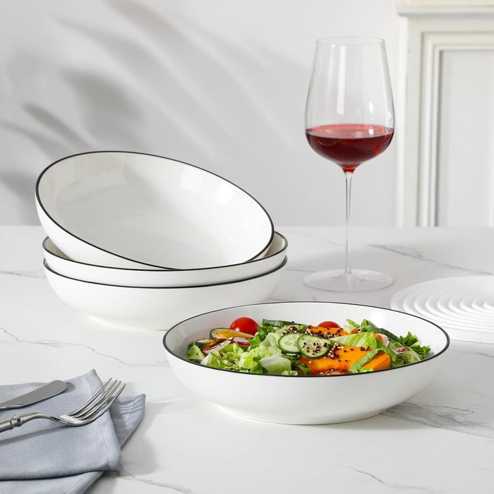 MALACASA Набір посуду 6 предметів: тарілки для пасти, супу, салату, сервірування. Глибокі тарілки для спагеті, велика супова миска. 1250 мл, білий з чорним обідком.