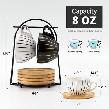 Набір керамічних кавових чашок LUKA з підставками та металевим тримачем (6 шт.), 118 мл, порцелянові демітас для еспресо, лате, кави, мокко, чаю, в смугастих кольорах білий та чорний