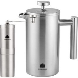 Groenenberg Spar Set 5 | French Press Thermo + Manual Coffee Grinder | French Press + Hand Coffee Grinder made of high-quality stainless steel 1 Liter French Press