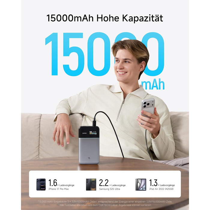 Повербанк CUKTECH 15 Air 15000mAh 100W з цифровим дисплеєм та швидкою зарядкою USB-C для iPhone 16/15/14/13, Samsung Galaxy, iPad, ноутбуків Dell
