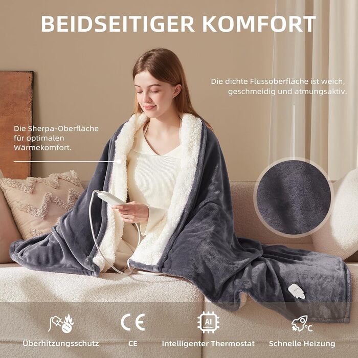 Електрична гріюча ковдра 130x180 см з таймером та захистом від перегріву, 9 режимів нагріву, функція пам'яті, фланель, для спальні, офісу