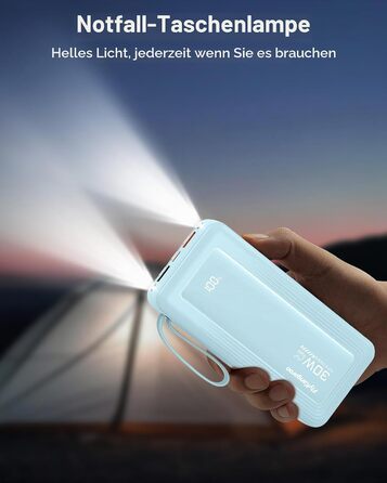 Повербанк 27000mAh з 4 вбудованими кабелями та LED-дисплеєм, швидка зарядка 30W USB-C для iPhone, Samsung, iPad та Android, небесно-блакитний