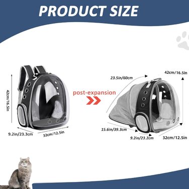 Рюкзак-переноска для котів та маленьких собак, розширюваний, з прозорим вікном та блискавкою, для подорожей та походів (розширювана спинка)