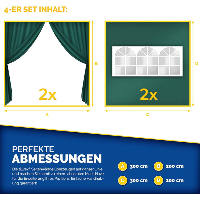 tillvex® for 3x3m Pavilion | Folding Pavilion Side Walls Water-Repellent | Side Windows & Zipper | Side Walls for Garden Tent Party Tent (4x Side Wall, Green)