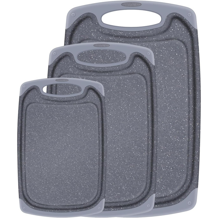 Набір обробних дощок з пластику, 3 шт. з жолобками для соку та антиковзними ручками. Без BPA, придатні для миття в посудомийній машині. Сірий кухонний дошка.