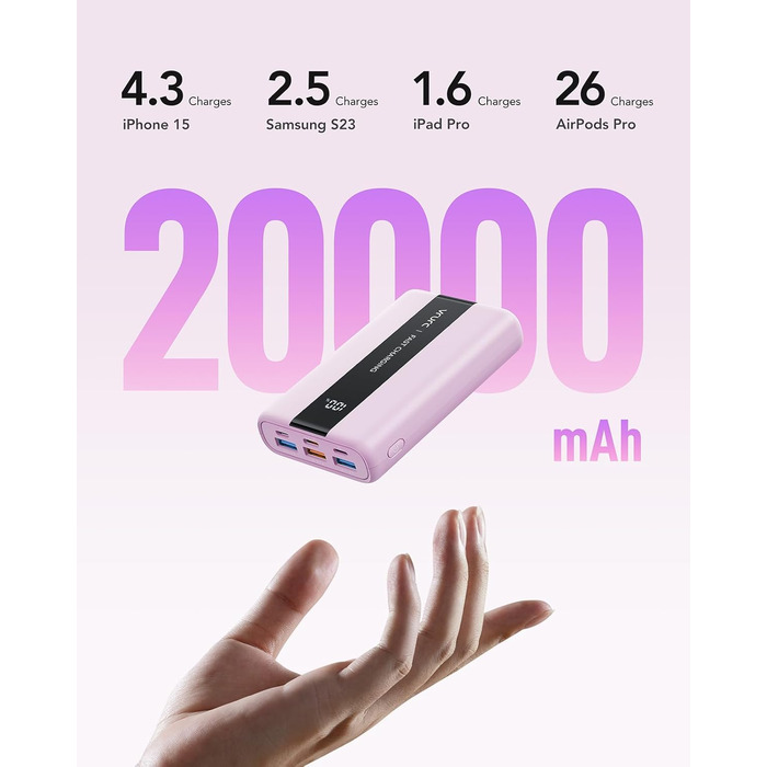 Power Bank VRURC 20000mAh: Швидка зарядка 22.5W, USB-C, 6 портів, LED-дисплей, для iPhone, Samsung, Huawei, iPad, 22.5W QC/PD 3.0, CE-сертифікований, зелений (фіолетовий)