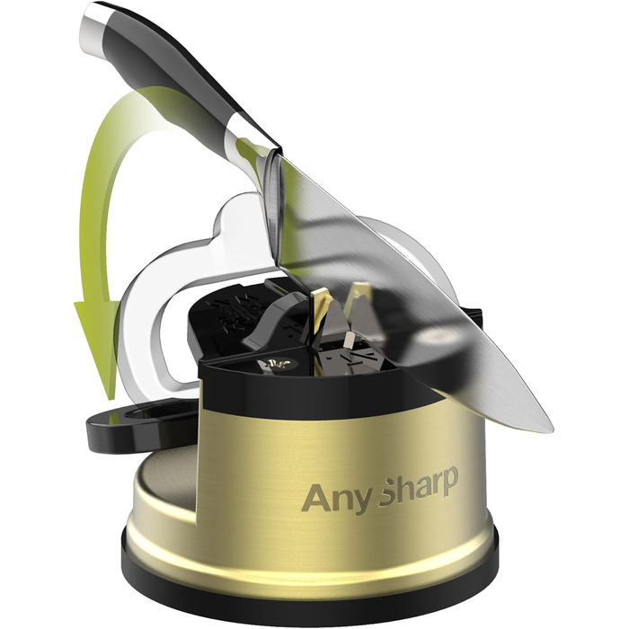 Точилка для ножів AnySharp Pro метал, безпечна, присоска PowerGrip, для всіх кухонних ножів, підходить для загартованої сталі та серрейторних лез, найкраща якість, латунь